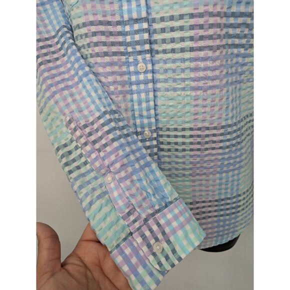L.L. Bean Check Plaid Women Button Up Shirt L Vacation Seersucker Coastal Retro - Picture 11 of 12